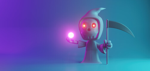 Wall Mural - Halloween banner with funny ghost cartoon character on blue background and copy space. 3d rendering illustration