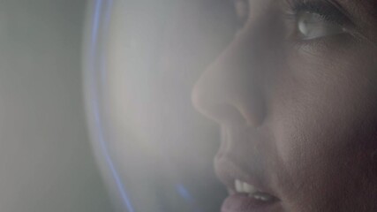woman wearing astronaut helmet in outer space, cosmos sky exploration, spacewalk