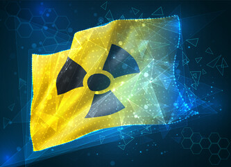 Wall Mural - radiation sign on a yellow background in 3d vector flag, virtual abstract 3D object from triangular polygons on a blue background