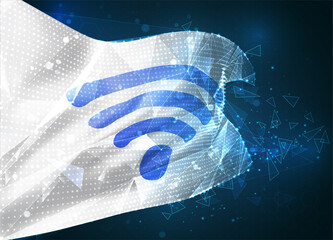 Wall Mural - 3d vector mesh flag of wi-fi wave, virtual abstract 3D object from triangular polygons on a blue background