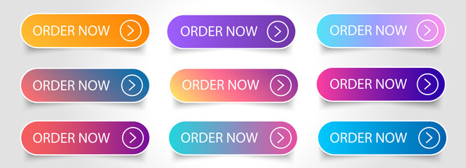 Set of colorful order now buttons with arrow isolated on white background. Vector illustration