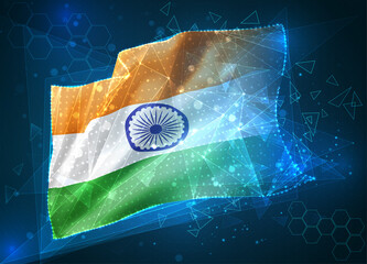 Wall Mural - India, vector flag, virtual abstract 3D object from triangular polygons on a blue background