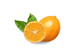 Fototapeta  - Orange citrus fruit isolated on a white background. Citrus meyeri orange lemon. Juicy fruit with leaves close up.