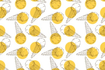 tasty fresh ice cream cone yellow cream repeat seamless pattern doodle cartoon style wallpaper vector illustration