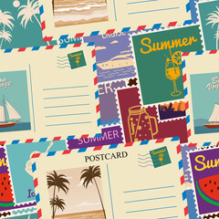 Postage stamps seamless pattern Summer vacation. Retro background signs travel exotic tour. Vector illustration background vintage style