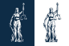 Themis Goddess Sculpture Isolated On White Background. Lady Justice With Scales And Sword In Hands. Judiciary Symbol. Vector Illustration.	
