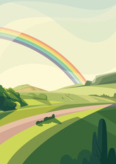 Wall Mural - Landscape with hills and rainbow. Natural scenery in vertical orientation.