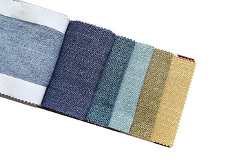top view of fabric catalog showing multi colored of yarn textile textured isolated on white background with cliiping path. catalog of drapery or upholstery or curtain fabric for interior material.