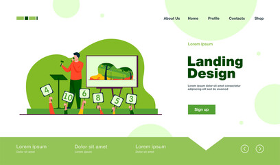 Wall Mural - Auctioneer with hammer selling artwork on stage. Buyers holding signs with offers flat vector illustration. Auction, trade, bidding concept for banner, website design or landing web page