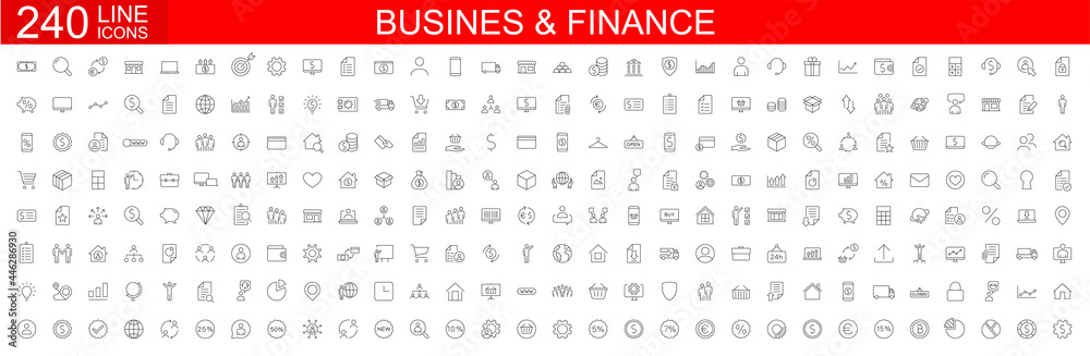 Big set of 240 Business icons. Business and Finance web icons. Vector business and finance editable stroke line icon set with money, bank, check, law, auction, exchance, payment. Vector illustration. - obrazy, fototapety, plakaty 