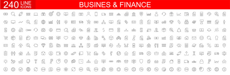 Wall Mural - Big set of 240 Business icons. Business and Finance web icons. Vector business and finance editable stroke line icon set with money, bank, check, law, auction, exchance, payment. Vector illustration.