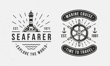 Marine, Nautical Logo Templates. Old Vintage Lighthouse And Ship Wheel Logo With Grunge Texture And Light Rays. Print For T-shirt, Typography. Nautical Emblems. Vector Illustration