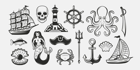 Wall Mural - Vintage Collection of 15 Marine elements. Nautical elements. Sea Ship, Sailboat, Lighthouse, mermaid, Octopus, Anchor, Shell pearl, Poseidon's trident. Vector template.