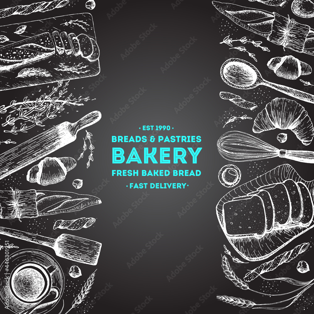 Bakery background. Bakery top view frame. Hand drawn sketch with bread ...