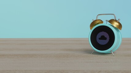 Wall Mural - 3d rendering of color alarm clock with symbol of circle with cloud on display on table