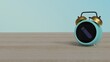 © Destrosvet - 3d rendering of color alarm clock with symbol of create new pencil button on display on table