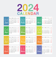 Colorful Year 2024 Calendar Horizontal Vector Design Template, Simple And Clean Design. Calendar For 2024 On White Background For Organization And Business. Week Starts Monday.