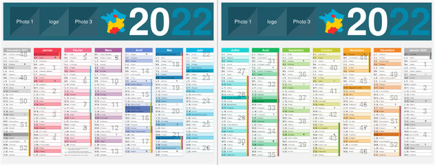 Wall Mural - Calendrier 2022 14 mois avec vacances scolaires officielles au format 320 x 420 mm recto verso entièrement modifiable via calques et texte arial