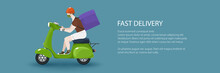 Young Guy In Protective Mask Rides A Scooter, Green Vintage Scooter With Thermal Bag For Food Delivery Isolated On A Pastel Blue Background, Banner Of Online Delivery Service And Stay Home Concept