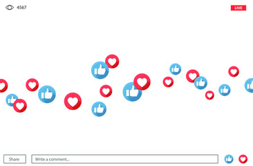 Poster - Bunch of like and appreciate emoji icons, thumb up stream social network. Heart and thump icons background for live video live stream.