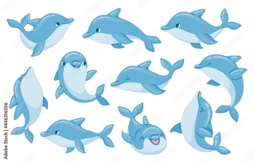 Dolphin characters. Funny dolphins jump and swim poses. Oceanarium show mascot underwater animal. Cartoon bottlenose baby dolphin vector set - obrazy, fototapety, plakaty 