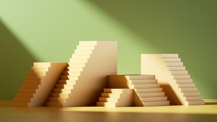 Poster - 3d render. Abstract green background with many stairs and steps. Simple showcase scene for product presentation
