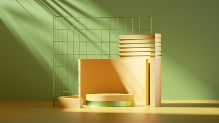 Poster - 3d render. minimal abstract geometric background with direct sunlight in shades of green and yellow.