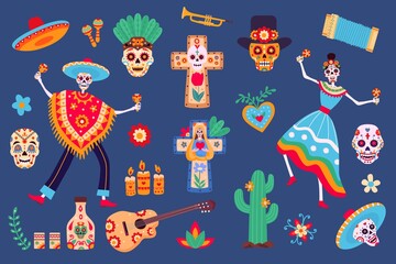 Day of dead elements. Skeleton characters in mexican clothes, sugar skull, sombrero, cactus and tequila. Dia de los Muertos party vector set