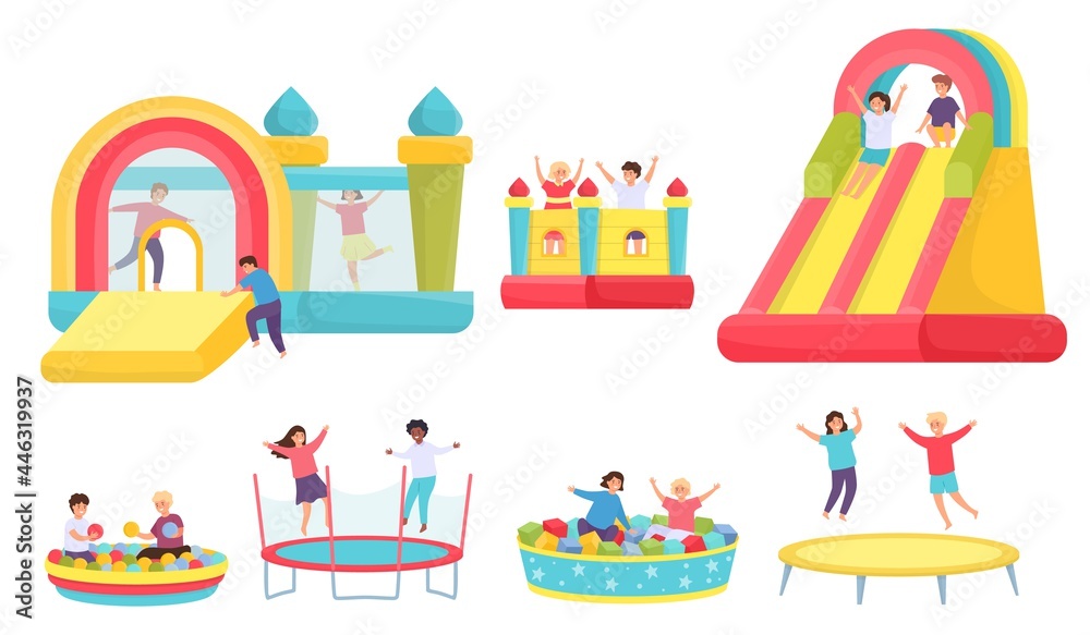 Children jumping on trampolines. Cartoon boys and girls in bouncy castle and inflatable trampoline. Kids in soft pool with balls vector set - obrazy, fototapety, plakaty 
