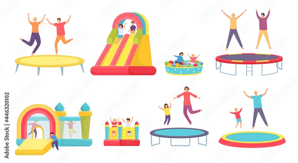 People jump on trampoline. Happy adults, kids and family bounce on trampolines, inflatable house and slide. Active entertainment vector set - obrazy, fototapety, plakaty 