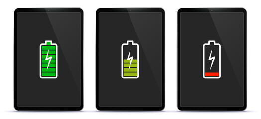 Poster - Tablet Computer Screen With Full, Mid and Low Battery Charge Indicator Icons. Realistic Tablet PC Vector Mockup Illustration.