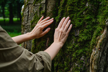 Girl hand touches a tree with moss in the wild forest. Forest ecology. Wild nature, wild life. Earth Day. Traveler girl in a beautiful green forest. Conservation, ecology, environment concept