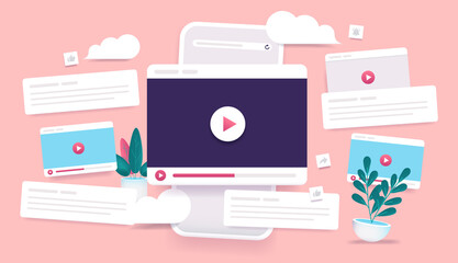 Poster - Viral video - Vector illustration of smartphone with video player windows and comments. Vlog and influencer concept.