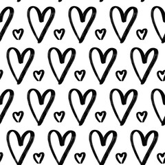 Wall Mural - grunge hand drawn hearts seamless pattern. textured black ink paintbrush cute heart shapes vector ba