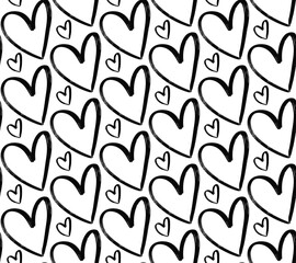 Wall Mural - grunge hand drawn hearts seamless pattern. textured black ink paintbrush heart shapes vector backgro