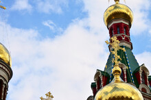 Frame Of Three Golden Domes Of The Orthodox Church With Copy Space. High Quality Photo