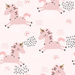 Pink pastel seamless pattern with unicorn. Kids trendy print. Vector hand drawn illustration.