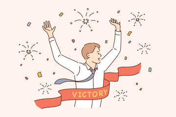 Business success, leadership, winner reaching goal concept. Young smiling businessman cartoon character running reaching goal celebrating victory at finishing line as first winner feeling happy