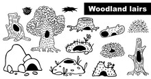 Lairs Of Forest Animals Set. Wildlife Homes. Hollow In Old Tree Trunks. Burrow In Ground. Haven Of Fallen Leaves. Black Doodle Den In Hill. Нand-drawn Hole In Tree Stump. Vector Outline Illustration. 