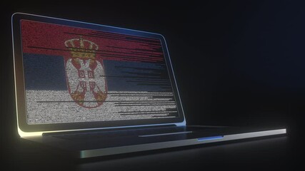 Open laptop and computer code on the screen composing flag of Serbia. Modern information technology related 3d animation