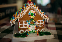 Close Up Of Decorated Gingerbread House