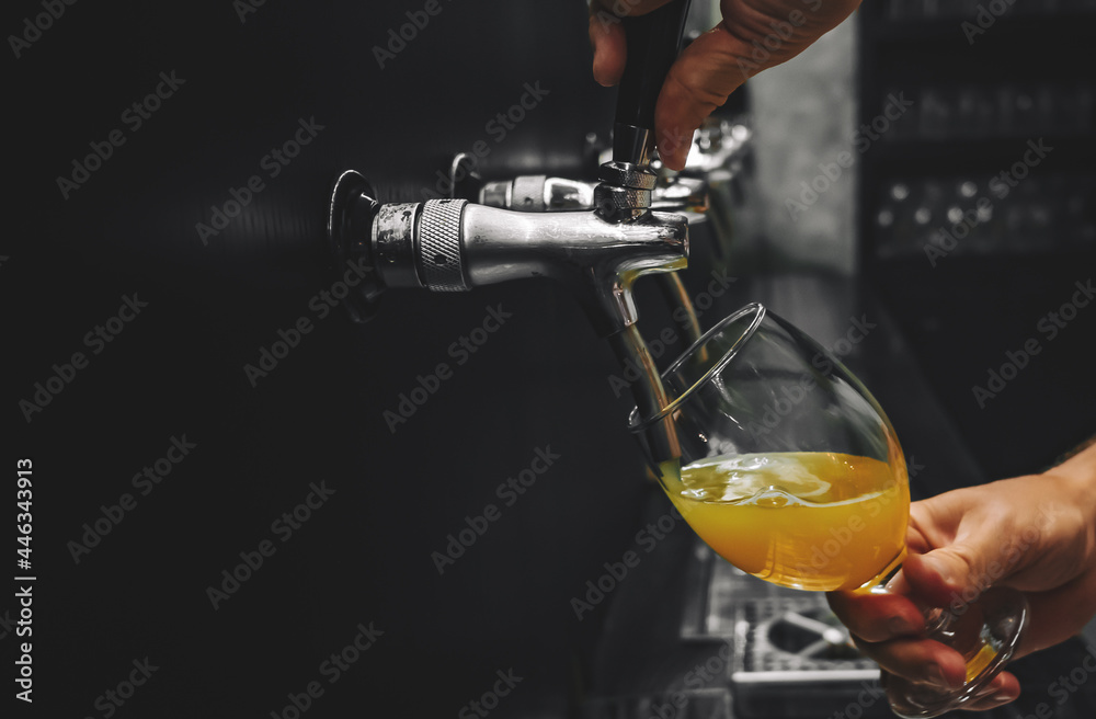 bartender hand at beer tap pouring a draught beer in glass serving in a restaurant or pub - obrazy, fototapety, plakaty 