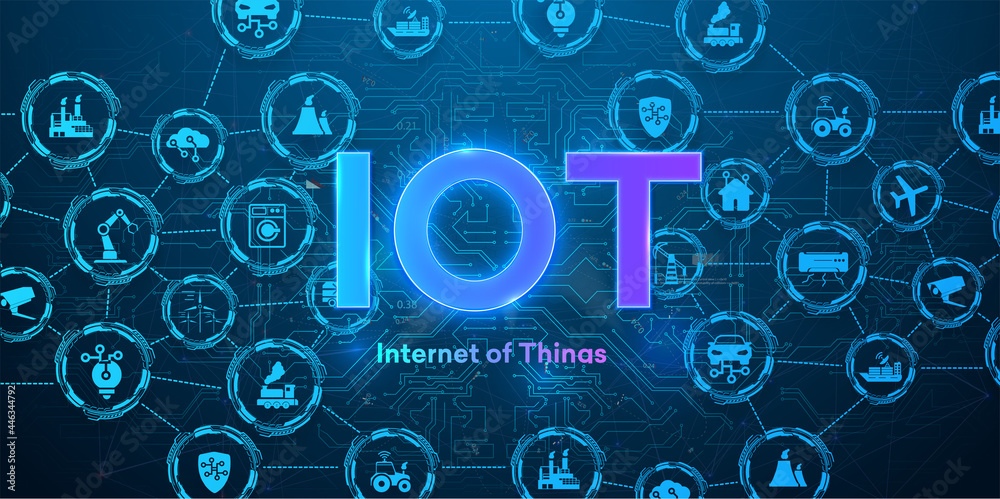 The concept of connecting devices via wireless IOT communication. Icons of various devices on a blue background with neon text. Internet of things automation system with digital icon concept. Vector - obrazy, fototapety, plakaty 