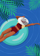 Kobieta opalająca się nad morzem. Widok z góry szczupłej blond dziewczyny w czerwonym bikini i kapeluszu na dmuchanym kole w dużym basenie. Sportowa sylwetka. Letnia wakacyjna ilustracja wektorowa.