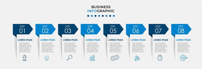 Wall Mural - Vector Infographic design illustration business template with icons and 8 options or steps. Can be used for process diagram, presentations, workflow layout, banner, flow chart, info graph