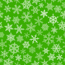 Christmas Seamless Pattern With Complex Big And Small Snowflakes, White On Green Background