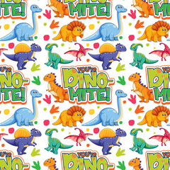 Wall Mural - Seamless pattern with cute dinosaurs and font on white background