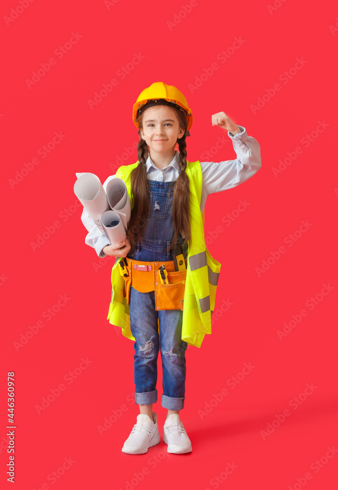 Cute little architect on color background