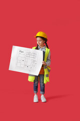 Poster - Cute little architect with house plan on color background