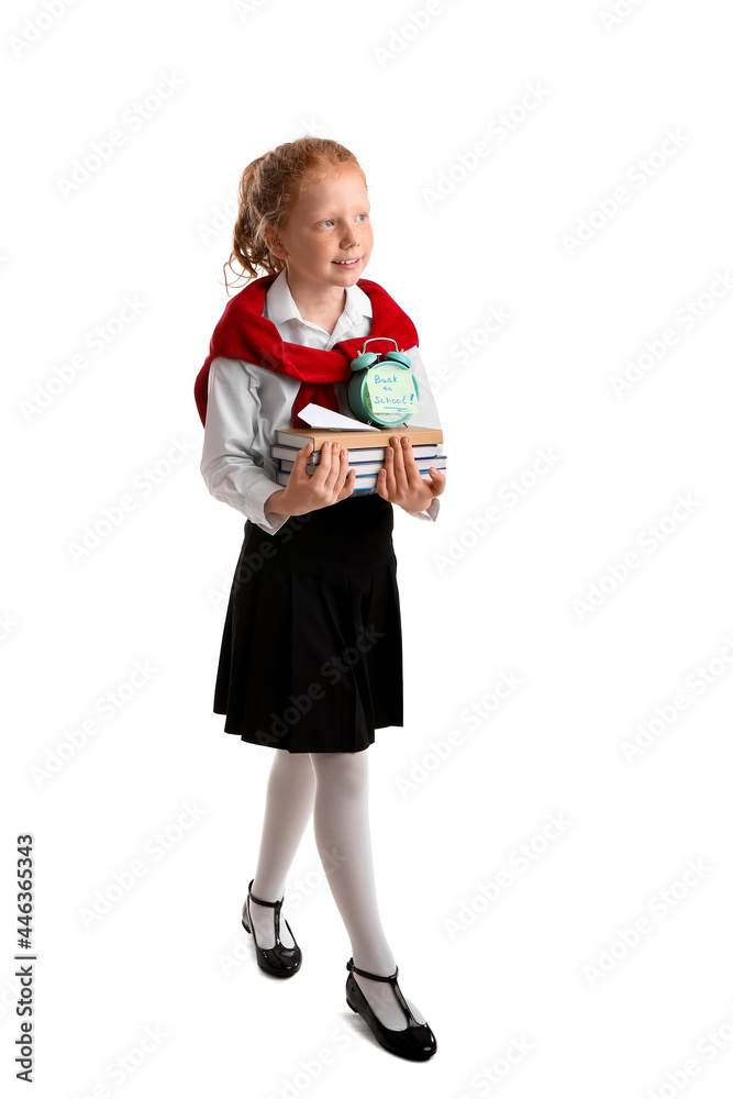 Cute little schoolgirl on white background
